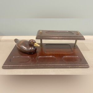 VINTAGE MEN’s WOOD BRASS DUCK VALET DESK ORGANIZER TRAY TRINKET DISH